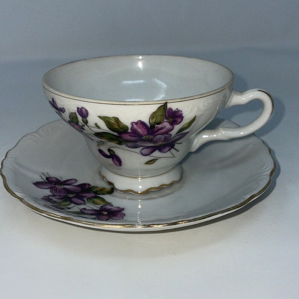 Vintage Purple Flowers Footed Teacup and Saucer Gold Trim Made in Japan